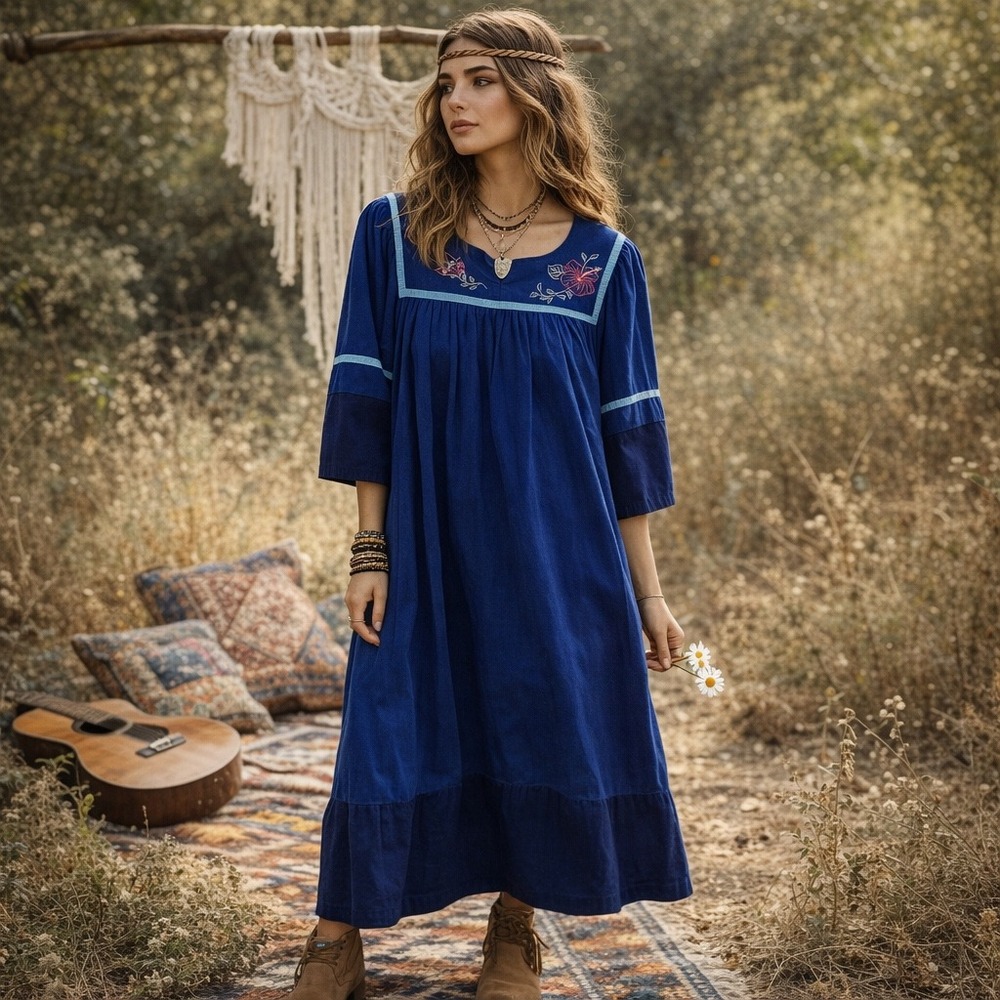 Vintage Simply Basic Blue Cotton Floral Embroidered Muumuu House Dress  M‎